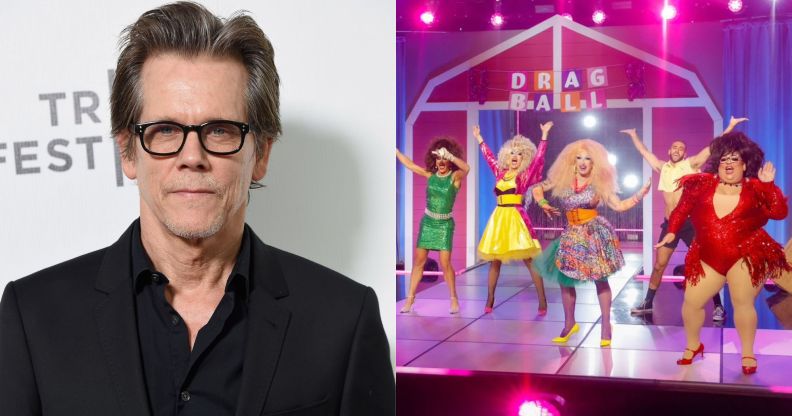 On the left, Kevin Bacon in a black shirt and black glasses stood against a white background. On the right, a still from the latest episode of Drag Race's Wigloose The Rusical.