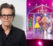 On the left, Kevin Bacon in a black shirt and black glasses stood against a white background. On the right, a still from the latest episode of Drag Race's Wigloose The Rusical.
