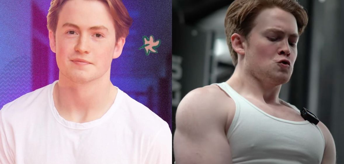 Kit Connor in a white t-shirt (right) and pictured working out at the gym in a YouTube video with Nathaniel Massiah