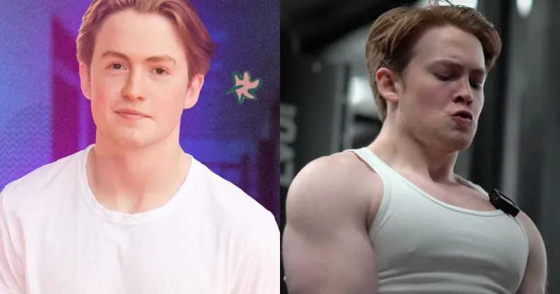 Kit Connor in a white t-shirt (right) and pictured working out at the gym in a YouTube video with Nathaniel Massiah