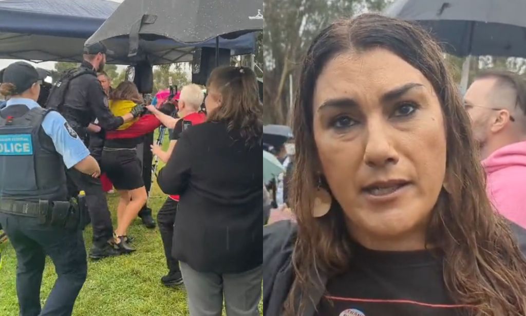 A split image of Lidia Thrope at the Canberra protest.