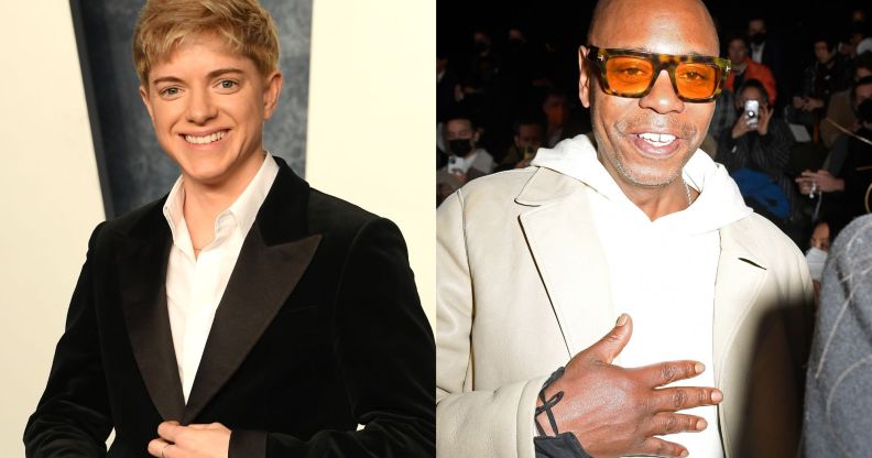 On the left, Mae Martin wears a black jacket and white suit while smiling at the camera. On the right, Dave Chappelle wears a beige jacket, white shirt and black rimmed glasses while smiling at the camera.