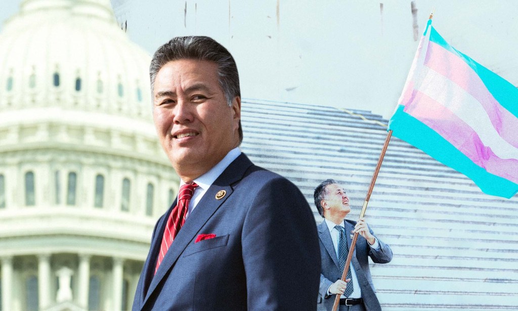A graphic of Mark Takano waving a trans Pride flag as well as an image of him from a 3/4 profile while wearing a suit and tie