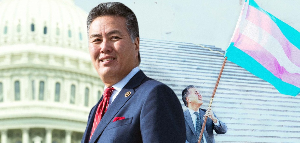 A graphic of Mark Takano waving a trans Pride flag as well as an image of him from a 3/4 profile while wearing a suit and tie