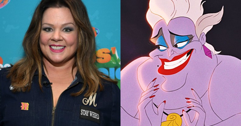 Melissa McCarthy (L) and animated Ursula (R).