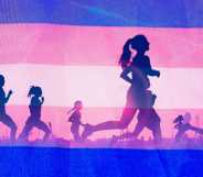 People running in front of a trans flag.