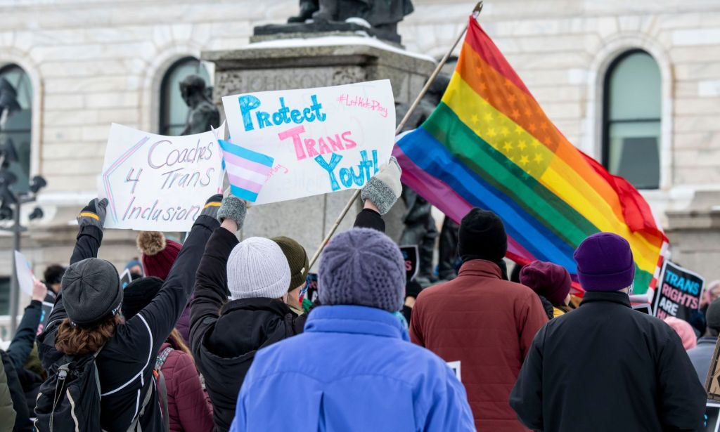 Minnesota activists wave flags and signs of LGBTQ+ pride.