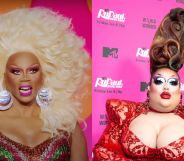 On the left, RuPaul laughing while sat on the Drag Race judging panel. On the right, Mistress Isabelle Brooks in a red gown.