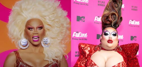 On the left, RuPaul laughing while sat on the Drag Race judging panel. On the right, Mistress Isabelle Brooks in a red gown.