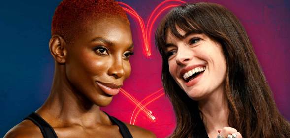 Michaela Coel and Anne Hathaway against a love heart background.
