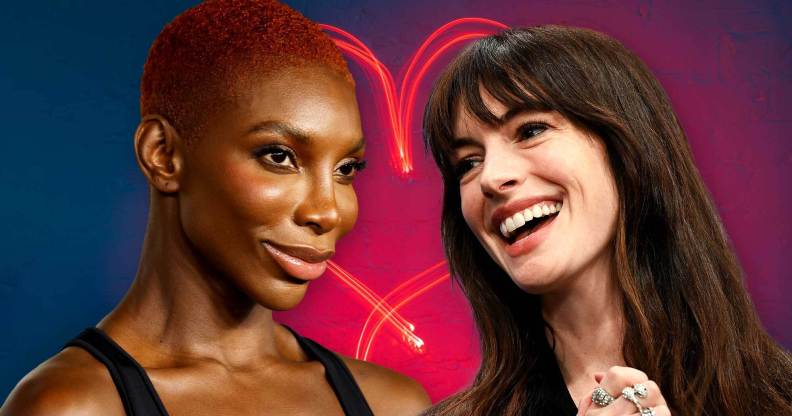 Michaela Coel and Anne Hathaway against a love heart background.