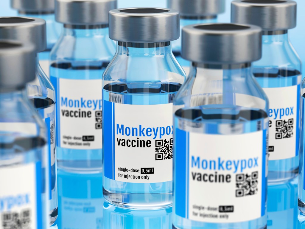 Vials of vaccine are pictured with monkeypox written on them.