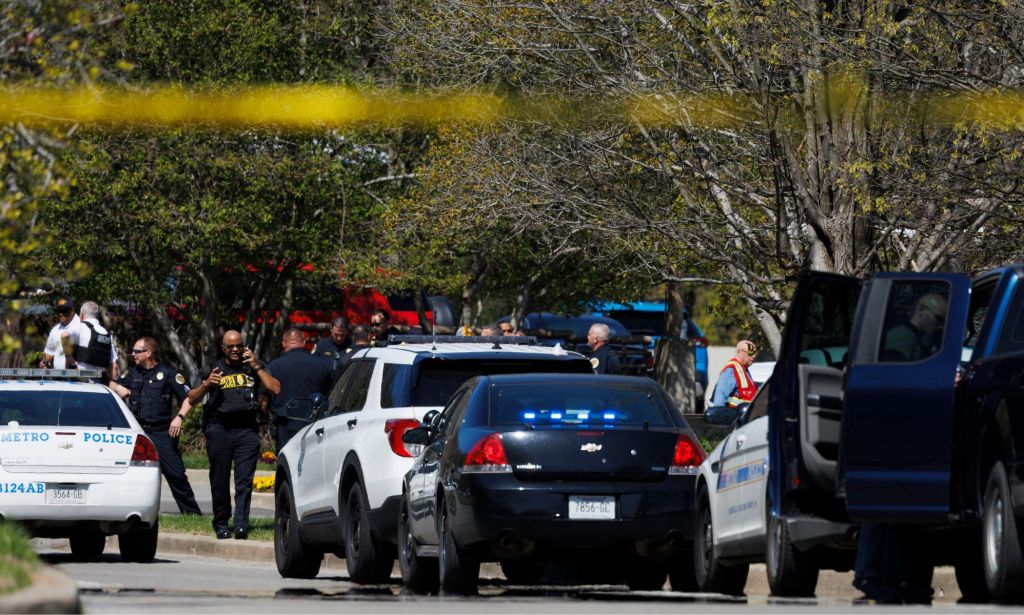 Police cars outside of the school in Nashville where a shooting took place.