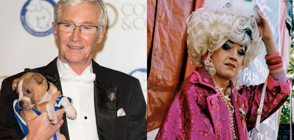 On the left, Paul O'Grady holding a dog wearing a suit and shirt. On the left, his drag persona Lily Savage.