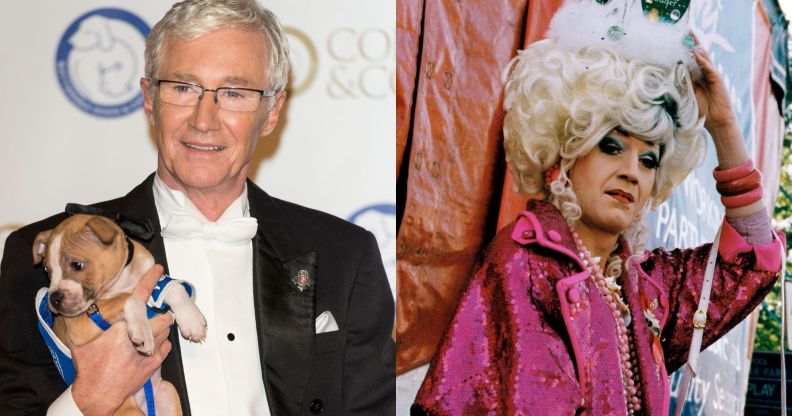 On the left, Paul O'Grady holding a dog wearing a suit and shirt. On the left, his drag persona Lily Savage.