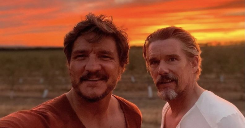 Pedro Pascal and Ethan Hawke on set filming ‘Strange Way of Life’.