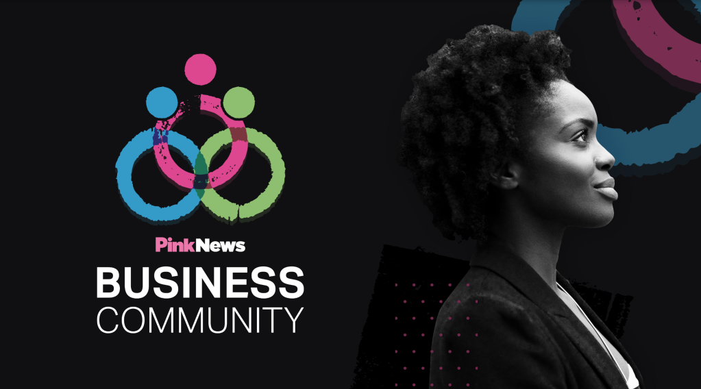 PinkNews Business Community logo next to a women facing sideways