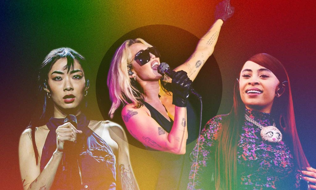 Rina Sawayama, Miley Cyrus and Ice Spice against a rainbow background.