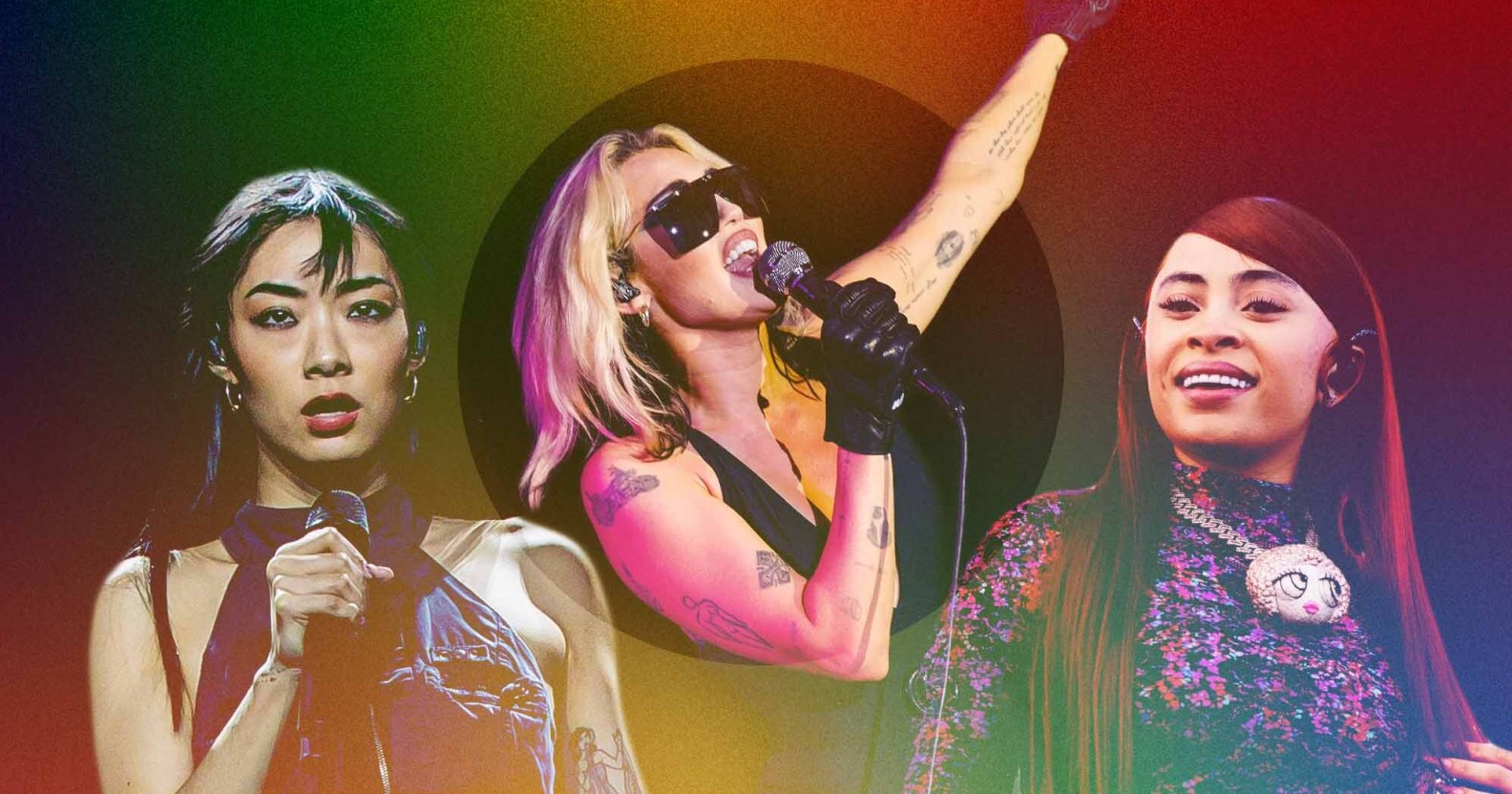 Rina Sawayama, Miley Cyrus and Ice Spice against a rainbow background.