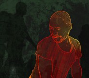 The illustration shows a drawing of a man set against a dark background. The man is drawn in sketchy detail and in the background is an animation of two people running.