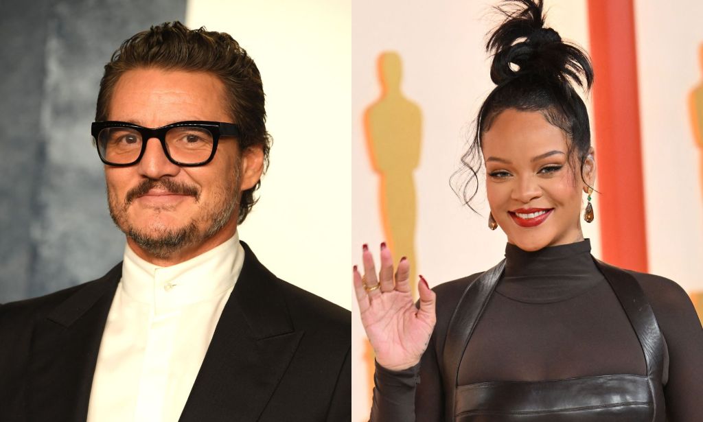 Two photos of Pedro Pascal and Rihanna on the 2023 Oscars red carpet.