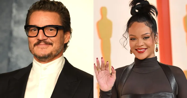 Two photos of Pedro Pascal and Rihanna on the 2023 Oscars red carpet.