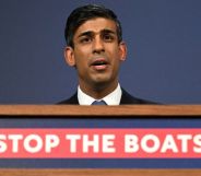Rishi Sunak announcing the Illegal Migration Bill at a podium with the message "stop the boats".
