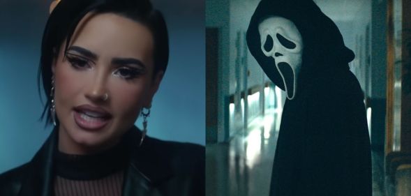 Screenshot from Demi Lovato's music video for Scream VI song Still Alive alongside an image of Ghostface.