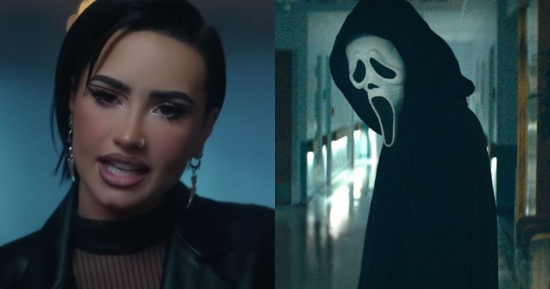 Screenshot from Demi Lovato's music video for Scream VI song Still Alive alongside an image of Ghostface.