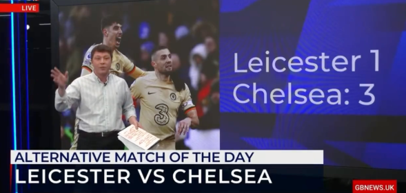 Still from GB News' alternative Match of the Day broadcast showing presenter Patrick Christys