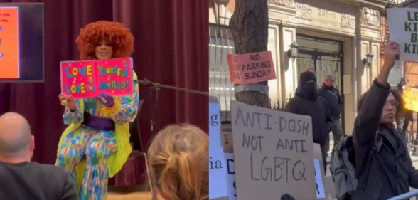 Image composite shows a Drag Queen Story Hour event, and protesters with signs outside of the event