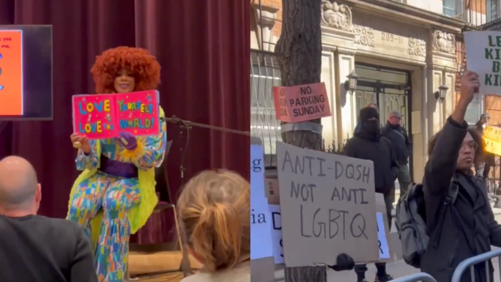 Image composite shows a Drag Queen Story Hour event, and protesters with signs outside of the event
