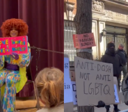 Image composite shows a Drag Queen Story Hour event, and protesters with signs outside of the event