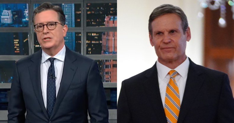 Stephen Colbert (L) and Republican governor Lee (R). (Stephen Colbert/YouTube/Getty)