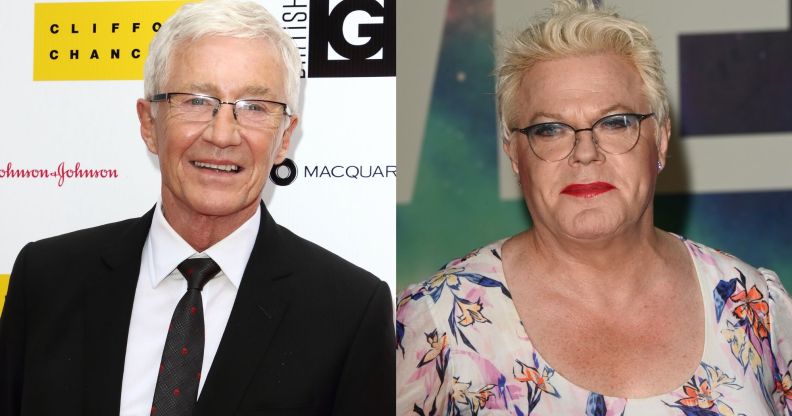 Paul O'Grady on the left in a suit and tie, and on the right, Suzy Eddie Izzard in a white and pink floral dress.