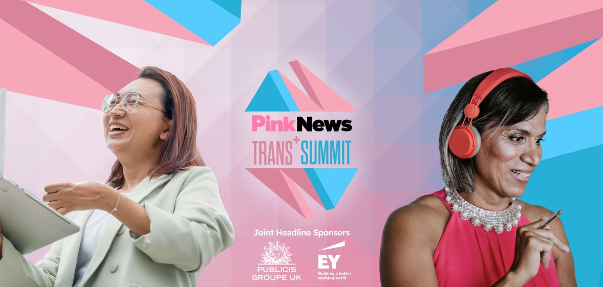 On the left side, there is a woman holding a tablet wearing a green suit. The PinkNews Trans+ Summit is centered, and to the right, there is a woman wearing a red dress and matching headphones.