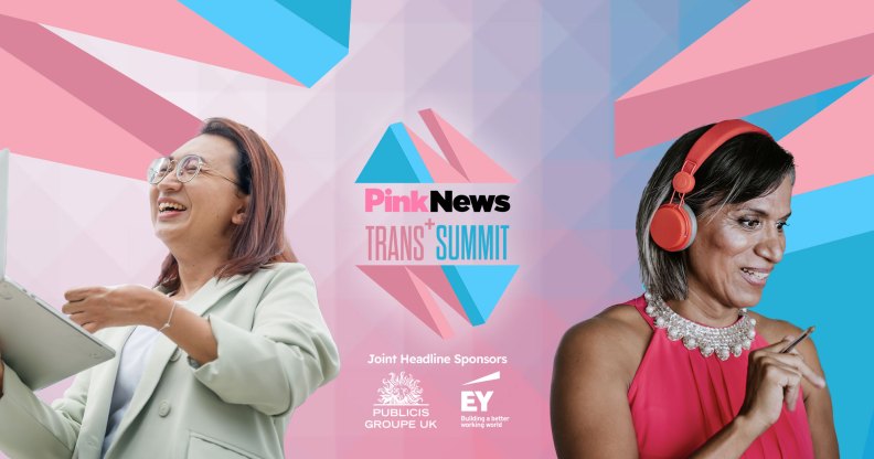 On the left side, there is a woman holding a tablet wearing a green suit. The PinkNews Trans+ Summit is centered, and to the right, there is a woman wearing a red dress and matching headphones.