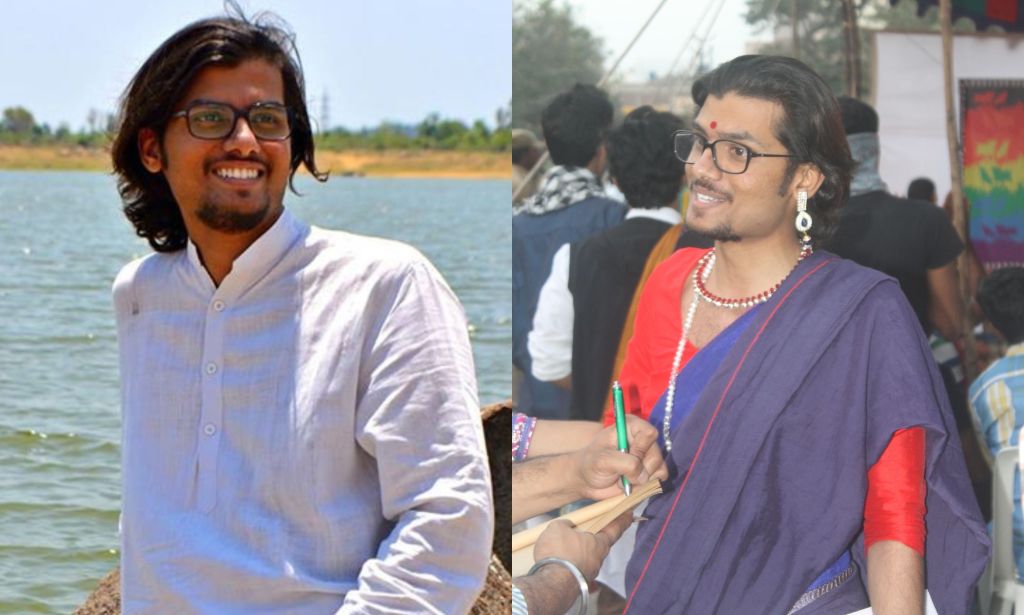Tashi was brought to a spiritual healer after they told their parents they were trans non-binary. In the side-by-side image, Tashi is pictured wearing a white shirt with long hair outdoors by the water on the left. On the right they are pictured wearing traditional Indian dress speaking to a person.