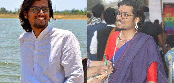 Tashi was brought to a spiritual healer after they told their parents they were trans non-binary. In the side-by-side image, Tashi is pictured wearing a white shirt with long hair outdoors by the water on the left. On the right they are pictured wearing traditional Indian dress speaking to a person.