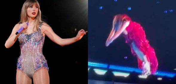 On the left, Taylor Swift performs on stage at The Eras Tour. On the right, Taylor Swift dives off stage at the Eras Tour.