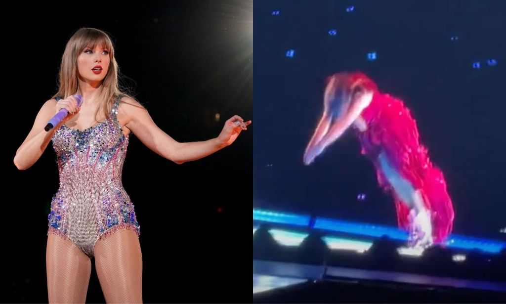On the left, Taylor Swift performs on stage at The Eras Tour. On the right, Taylor Swift dives off stage at the Eras Tour.