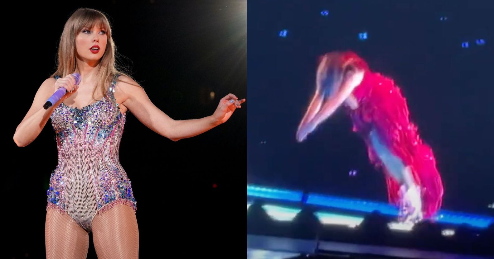 At left, Taylor Swift performs on stage at the Eras Tour. At right, Taylor Swift jumps off the stage at the Eras Tour.