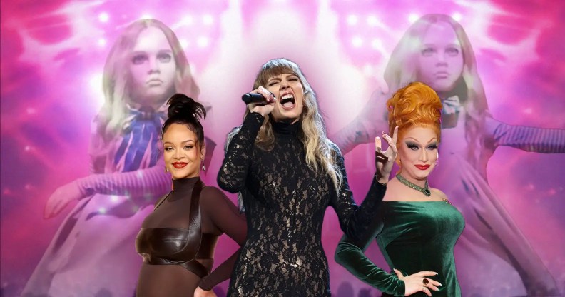 An image featuring Taylor Swift singing, drag queen Jinkx Monsoon, singer Rihanna and the M3GAN doll in the background.