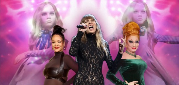 An image featuring Taylor Swift singing, drag queen Jinkx Monsoon, singer Rihanna and the M3GAN doll in the background.