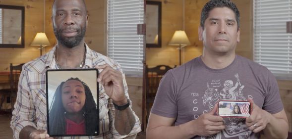 Stephen Chukumba and Frank Gonzalez hold up phots of their trans children in new film The Dads.