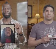 Stephen Chukumba and Frank Gonzalez hold up phots of their trans children in new film The Dads.