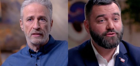 Side by side images of Jon Stewart and Oklahoma senator Nathan Dahm from their debate on gun control and drag on the show The Problem with Jon Stewart