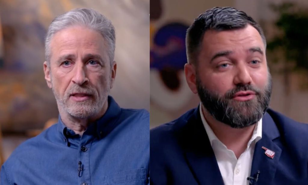 Side by side images of Jon Stewart and Oklahoma senator Nathan Dahm from their debate on gun control and drag on the show The Problem with Jon Stewart