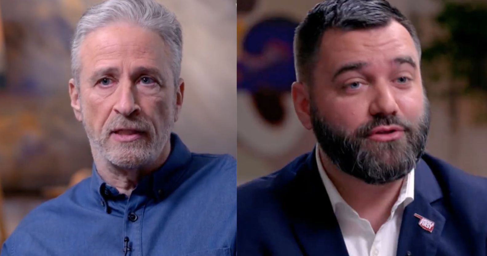 Side by side images of Jon Stewart and Oklahoma senator Nathan Dahm from their debate on gun control and drag on the show The Problem with Jon Stewart