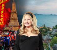 Jennifer Coolidge against a backdrop of locations in Thailand.